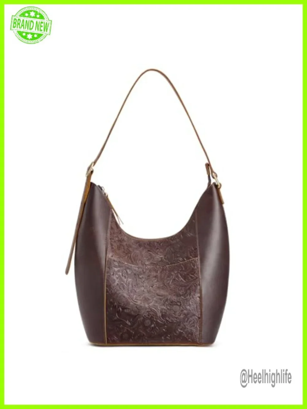 Full Grain Leather Hobo Bag Rose Pattern Adjustable Strap Multi Pocket Fits